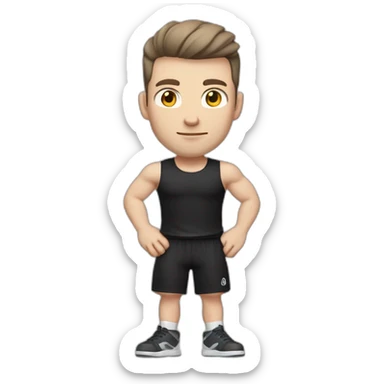 Pale skinned Fit Man With the biceps and dark brown hair in black shirt, gray sports shorts and white Sneakers His right hand near his back of the head sticker