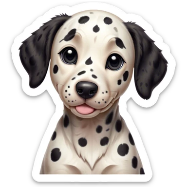 Cinematic Cute Spotted Dalmatian Portrait Emoji, Head tilted playfully and inquisitively, featuring a glossy Fur of predominantly white with dynamic black patches, round, sparkling eyes filled with gentle curiosity, Simplified yet irresistibly adorable features, highly detailed, glowing with a warm, friendly glow, high shine, affectionate and gentle, stylized with a touch of whimsy, bright and endearing, soft glowing outline, capturing the essence of a mischievous yet loving pup, so playful it feels like it could lumber out of the screen and into your arms! sticker