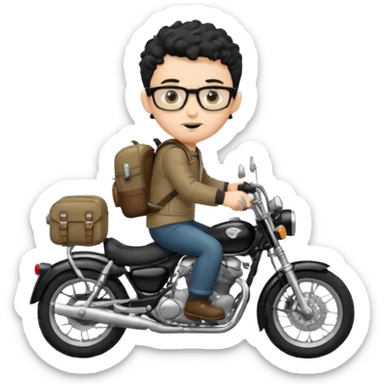 A young boy DEVELOPER WITH A backpack, black curly short hair, wearing glasses, a thin goatee, his skin is white, riding a motorcycle sticker