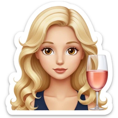 Blonde model with brown eyes, long wavy hair, wine tasting rosé champagne sticker