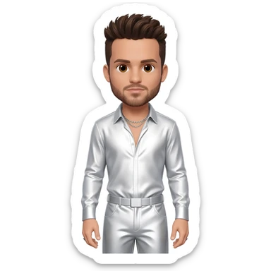 AJ McLean from Backstreet Boys with brown eyes, dark brown hair and short beard, white metallic shirt, white metallic baggy pants, silver necklace sticker