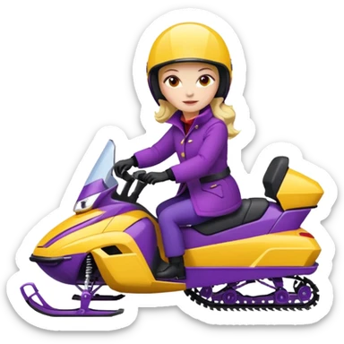 Woman wearing red coat  on purple and yellow snowmobile sticker