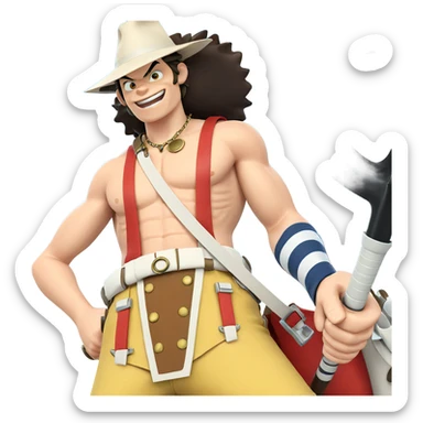 smiling boy with hat and weapon sticker