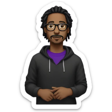 with mustache Black digital creator with glasses and black locs and purple sweatshirt sticker