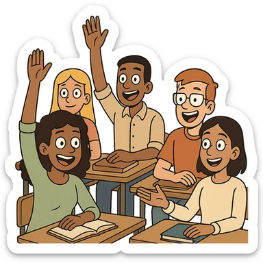 diverse group of student characters eagerly participating in a classroom discussion, expressive faces and gestures, friendly and inviting style sticker