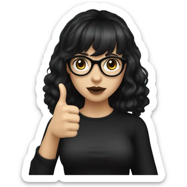 Gothic girl with pale but not white skin, black wavy shoulder length hair, black glasses, hazel eyes, dark under eyes, mole under right eye, front bangs, and a black t shirt doing a thumbs up sticker