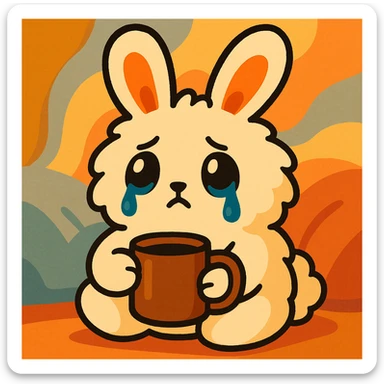 fluffy cream bunny with teardrop eyes holding a coffee mug, cozy soft background, vibrant toon style sticker