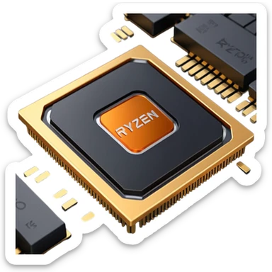 small modern computer chip with gold connectors, AMD Ryzen 7000 CPU sticker