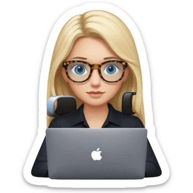long blonde hair woman blue eyes on mac lap top with tortoise shell print glasses with black shirt sticker