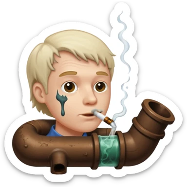 White guy smoking a sewer pipe with brown liquid overflowing and dripping down the side sticker
