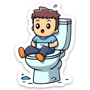 A person with a shocked expression sitting on toilet feeling the splash sticker