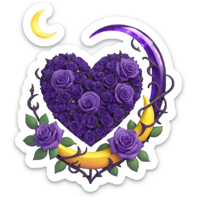 gothic heart, amethyst purple glass, silver crescent moon, deep violet roses, sparkling stardust, electric purple lightning, wet look, shattered glass texture sticker