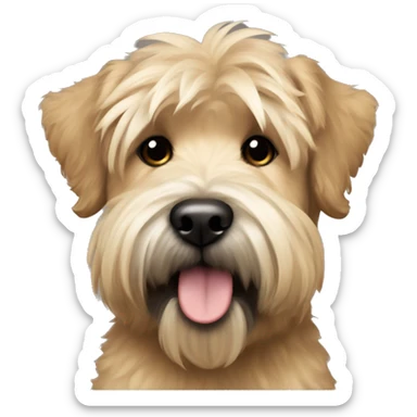 Wheaten terrier with a fluffy puppy haircut and black ears and chin sticker