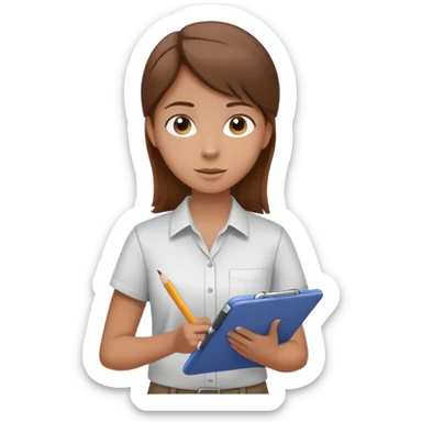Intern or volunteer with brown hair holding a clipboard and pencil, ready to take notes or assist. The character wears a simple shirt and has an eager posture sticker
