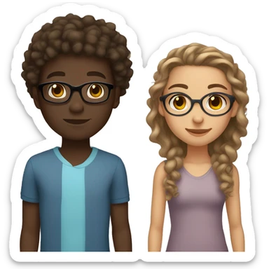 A light skinned girl with brown eyes, long straight light brown hair and glasses with a dark skinned boy with brown eyes and curly hair with no glasses sticker