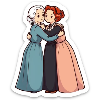 Two modest Victorian women hugging, one with white hair and one with copper red hair, wearing long Victorian dresses sticker