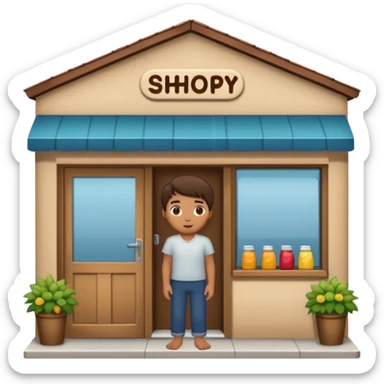 grown  2D line-drawn character + small shop sticker