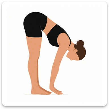 Minimalist flat vector illustration of a woman doing yoga in forward fold pose (Uttanasana), wearing sportswear (black top and black shorts), brown hair in a bun, clean white background, no face details, elegant style sticker