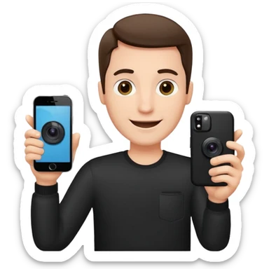 happy man hold a phone with your hand, showing a camera app open and another hand hold a phone without camera app open sticker