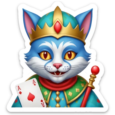 crazy colorful cute little cat jolly joker from poker, medieval, vintage, court jester, mac os icon, blue color, holds poker cards sticker