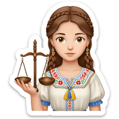 Ukrainian girl with brown hair wearing traditional embroidered shirt (vyshyvanka) holding scales of justice in her hand sticker