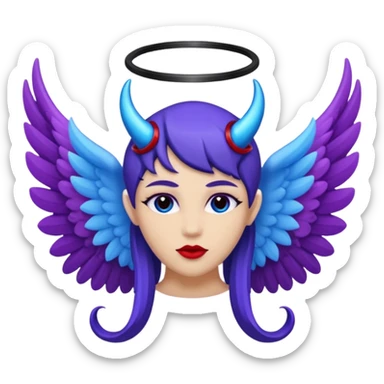 The letter o in black, purple Angel wings, red devil horns, and blue halo on top sticker