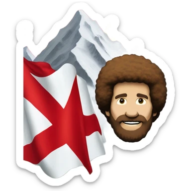 bob ross painting with a background of a hammer and sickle red flag sticker