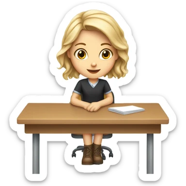 A white girl with a raised hand at a desk at school  sticker