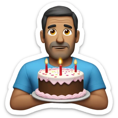 Middle aged dark haired man no moustache wearing inflatable armbands, holding a big birthday cake with a very sad face sticker