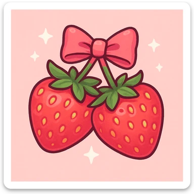 Two strawberries with a pink bow on the stem, vibrant colors, playful, with a light pink background and small white stars scattered around. sticker