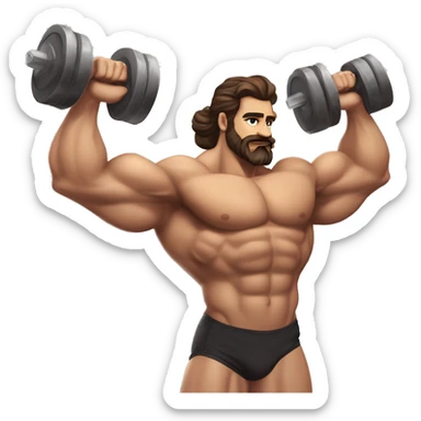 muscled hairy bodybuilder brown hair beard,enormous pecs and enormous biceps, long wavy hair in a man bun, with dark brown eyes, and tanned skin, full body from head to toes picture, flexin both biceps, with hairy body sticker