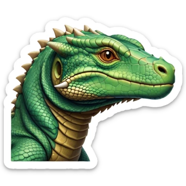 Cinematic Noble Komodo Dragon Lizard Portrait Emoji, Poised and regal, with a rugged, scaled body and powerful stance, deep-set intense eyes and textured, weathered skin, Simplified yet sharp and sophisticated features, highly detailed, glowing with a soft, ancient glow, high shine, intelligent and formidable, stylized with an air of primordial authority, focused and commanding, soft glowing outline, capturing the essence of a watchful and confident guardian that appears ready to stride out of the screen with timeless power! sticker
