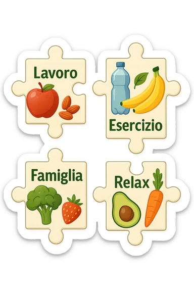 Puzzle (Lavoro, Esercizio, Famiglia, Relax), and healthy foods are integrated into each piece. in italiano sticker