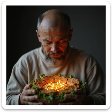 hyperrealistic 4K image of a man in Zen setting, eyes closed, food glowing with nutritional information, gut microbiome celebrating, reference image for facial features sticker