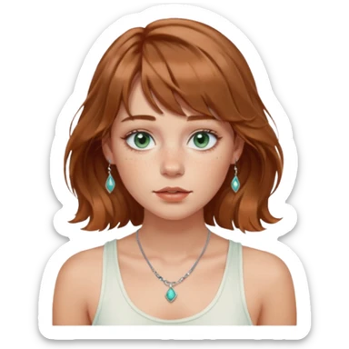 Woman with light cool brown wavy hair and curtain bangs, freckled fair skin, blue-green eyes, rosy lips, septum ring, soft natural makeup, delicate silver jewelry, relaxed expression. white tank top sticker