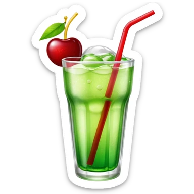 Create an emoji with a clear rounded glass, bright transparent green soda with fine bubbles, a smooth vanilla scoop, a glossy red cherry, and a red straw, using vibrant colors, soft shading, and clear glass highlights.
 sticker