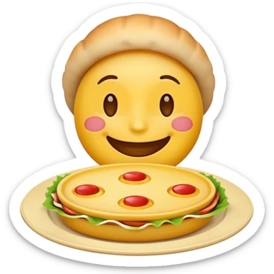happy face emoji enjoying delicious food, with a plate of food and a big smile sticker