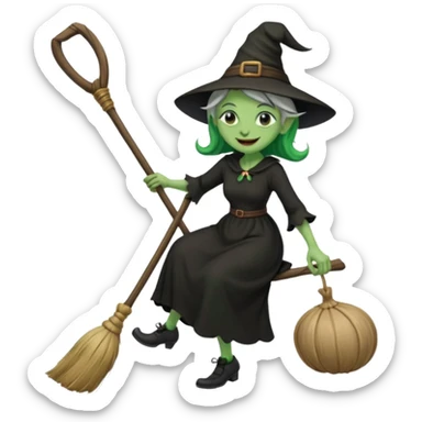Old witch with green skin and a big nose waering a black dress and riding a broom sticker