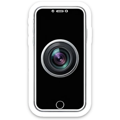 Minimalistic flat vector icon, iOS style, thin black contour on white background. Smartphone with a camera lens symbol. No text, no shadows.
 sticker