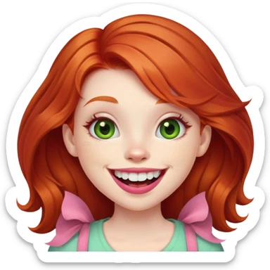 Young girl with pale skin, full pink lips smiling with big teeth, ginger red hair (not pink), big brown eyes with a hint of green, big mouth sticker