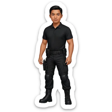 Filipino man black polo shirt and black fatigue combat pants with holster belt and black combat boots sticker