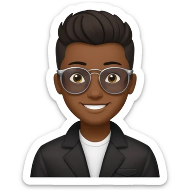 14 year old Mexican with a black pompadour with the left side of his hair a little bit on the face grinning with sunglasses sticker