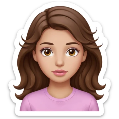 girl with wavy long brown hair, brown eyes, light to medium complexion, long lashes, light pink lipstick, wearing light pink shirt, sweat drops on the forehead sticker