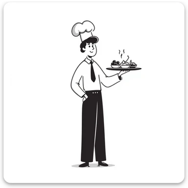 Chef in business attire with chef hat, confidently selling food products sticker