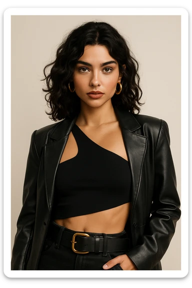 baddie with wavy dark hair, hazel eyes, small nose, hoop earrings, trendy outfit sticker