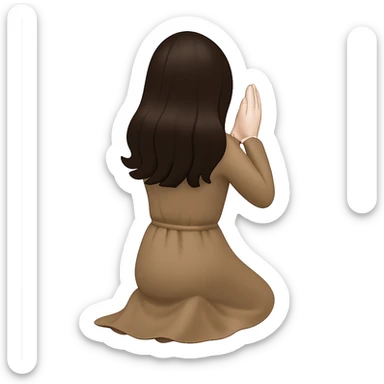 Create another variation of a woman kneeling and praying from the back view, wearing a long tan dress, with dark brown hair, in emoji style, matching the same body figure as the reference image, with no background. sticker