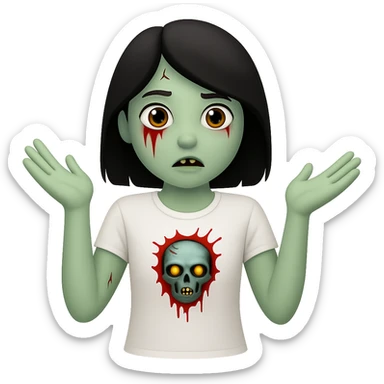 Create an image of a zombie girl with black hair wearing a white t-shirt, minimal blood, in the style of Apple emojis, with no background, in a different pose. sticker