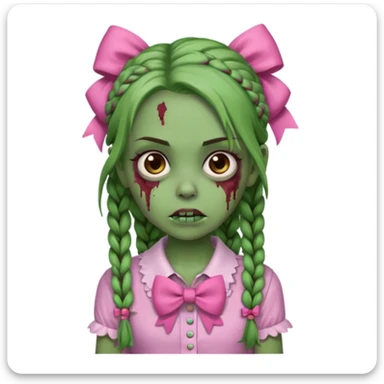 Garota zumbi com pele verde, tranças castanhas no cabelo, olhos castanhos, laço rosa na cabeça e camisa rosa sticker