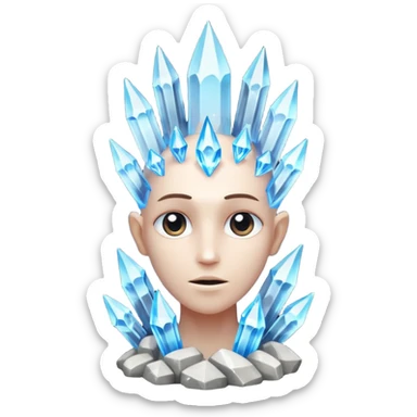 A single crystal character inspired by a clear quartz cluster, amorph base with many tall transparent crystal spikes growing upward all around it with a face sticker