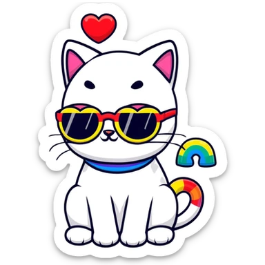 cat wearing a rainbow beanie and heart-shaped sunglasses sticker